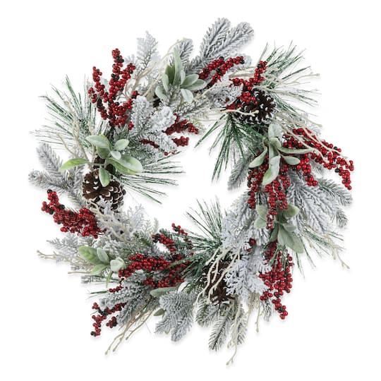 Glitzhome® 24" Christmas Snowy Pinecone & Berry Wreath in Red | Michaels®